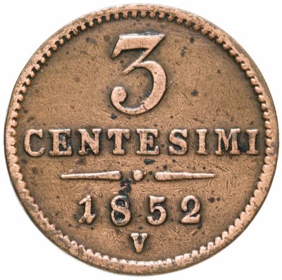 купить Ломбардия-Венеция 3 чентезимо 1852 V, отметка монетного двора: "V" - Венеция