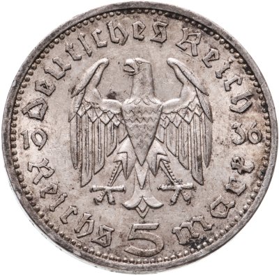 купить Германия 5 рейхсмарок (reichsmark) 1936 Гинденбург Третий рейх, без свастики