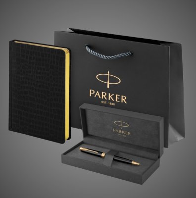 купить Подарочный набор Parker: шариковая ручка Parker Sonnet GT и ежедневник чёрного цвета с имитацией под кожу рептилии, Лаки и смолы: лак, латунь, нержавеющая сталь, позолота, 2026 г.