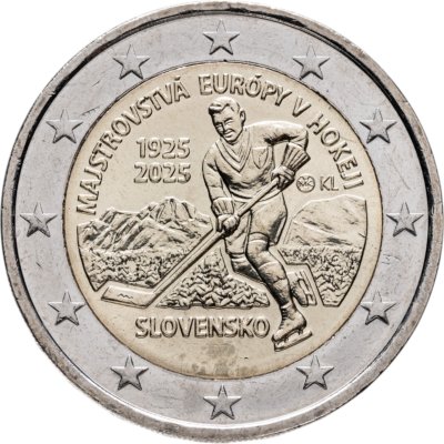 купить Словакия 2 евро 2025 "100 лет первого Чемпионата Европы по хоккею "