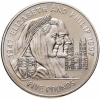 купить Остров Джерси 5 фунтов (pounds) 1997 " 50 лет свадьбе Королевы Елизаветы II и Принца Филиппа"