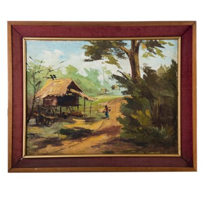 купить Картина в раме "Пейзаж сельской местности", холст, масло, дерево, ткань, Художник Vonlisley S., Юго-Восточная Азия, 1973 г.