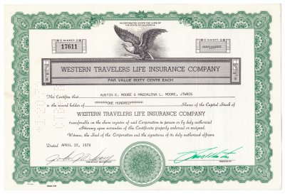 купить Акция США WESTERN TRAVELERS LIFE INSURANCE COMPANY 1967- 1970 гг.