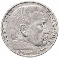 Купить 5 рейхсмарок (reichsmark) 1936 Гинденбург Третий рейх, без свастики "A"