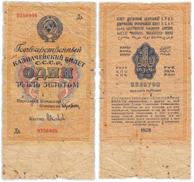 купить 1 рубль золотом 1928, кассир Соловьев, Тип 3 (буквенная серия без слова "Серия"), номер шириной 17,5 мм