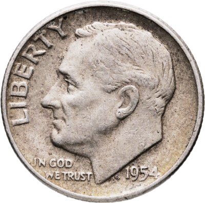 купить США 10 центов (дайм, one dime) 1954 Silver Roosevelt Dime (Рузвельт) без обозначения монетного двора