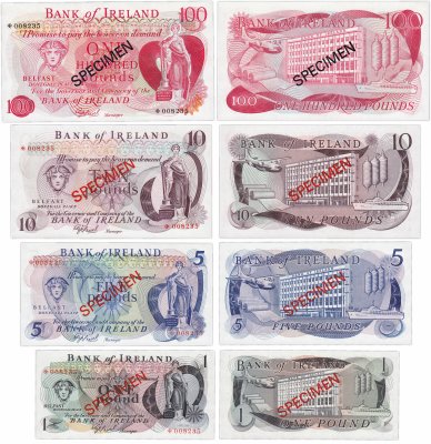 купить Ирландия набор образцов (specimen) 1,5,10,100 фунтов 1977 (с одинаковым номером-008235)