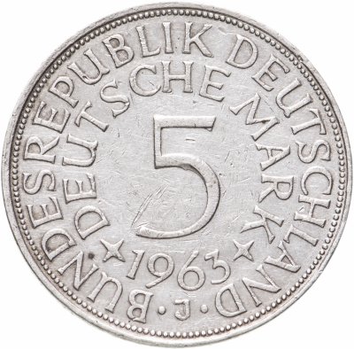 купить Германия, ФРГ, 5 марок 1963 знак монетного двора: "J" - Гамбург