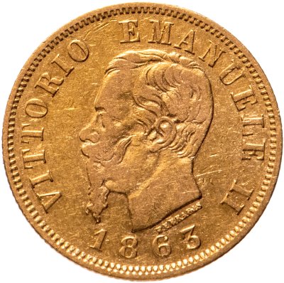 купить Италия 10 лир (lire) 1863 TBN, с портретом Виктора Эмануила
