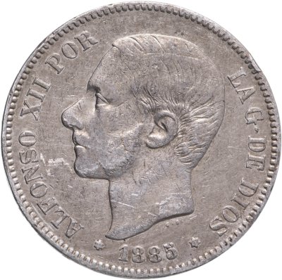 купить Испания 5 песет (pesetas) 1885 год 18 и 87 внутри звёзд; отметка монетного двора: "MS M" - M.Morejon, P.Sala