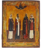Купить Икона "Избранные Святые" (Святая Царица Александра, Святой Василий, Святой Иосиф, Святая Елена), дерево, темпера, Российская Империя, 1850-1900 гг.