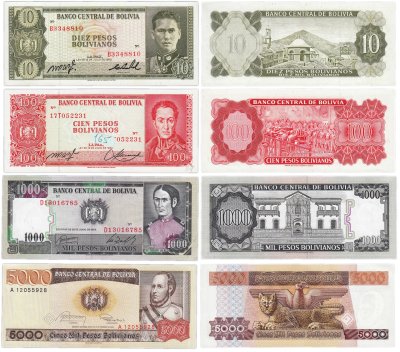 купить Боливия набор из 4 банкнот 10, 100, 1000. 5000 песо боливиано 1962-1984