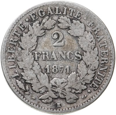купить Франция 2 франка (francs) 1871 LIBERTE·EGALITE·FRATERNITE Знак монетного двора: "K" - Бордо