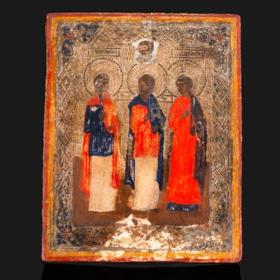 купить Икона "Святые мученики Гурий, Самон и Авив", дерево, темпера, левкас, 1890-1915 гг.