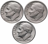 купить США набор из 3-х монет 10 центов (дайм, one dime) 1965-1986