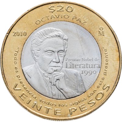 купить Мексика 20 песо (pesos) 2010 20 лет присуждения Нобелевской премии по литературе Октавио Пасу