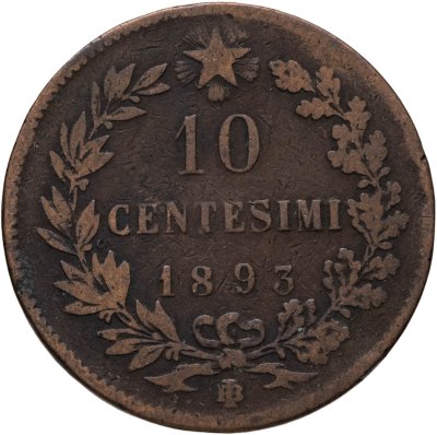 купить Италия 10 чентезимо (centesimi) 1893, знак монетного двора "BI" - Бирмингем