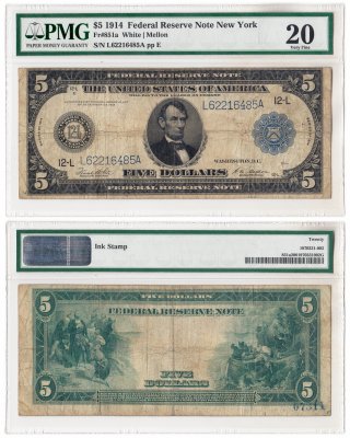 купить США 5 долларов 1914 Series 1914 (Pick 359) San Francisco, White-Mellon в слабе PMG VF 20