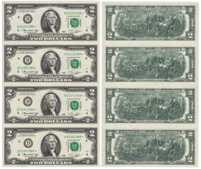 купить США 2 доллара 1976 (Pick 461) D-Кливленд Лист из 4 неразрезанных бон *-Серия замещения