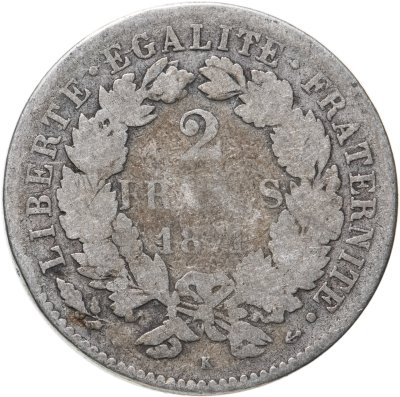 купить Франция 2 франка (francs) 1871 LIBERTE·EGALITE·FRATERNITE Знак монетного двора: "K" - Бордо
