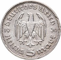 Купить 5 рейхсмарок (reichsmark) 1936 Гинденбург Третий рейх, без свастики "D"