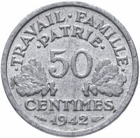 Купить Франция 50 сантим 1942-1944 Режим Виши, франциска (VF-XF)
