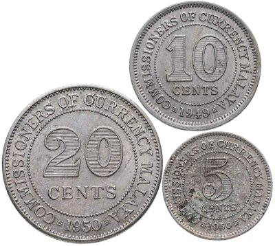 купить Малайя набор из 3 монет: 5, 10 и 20 центов 1948-1950 гг., случайный год
