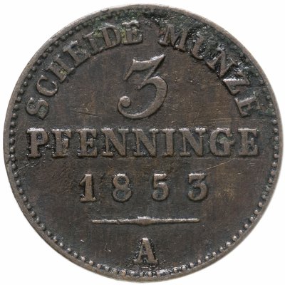 купить Германия, Пруссия 3 пфеннига (pfenninge) 1853 A, отметка монетного двора: "A" - Берлин