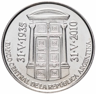 купить Аргентина 2 песо 2010 год 75 лет Центральному Банку