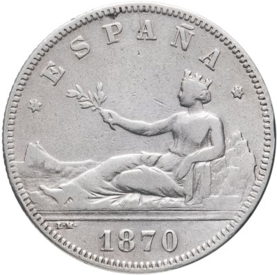 купить Испания 2 песеты (pesetas) 1870 DE-M, период междуцарствия