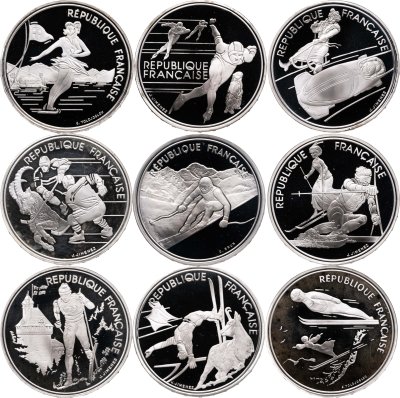 купить Франция набор из 9 монет 100 франков (francs) 1989-1991 "XVI зимние Олимпийские Игры, Альбервиль 1992" в футляре