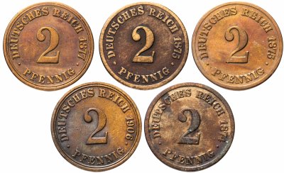 купить Германия (Германская империя) 2 пфеннига 1874-1906 набор из 5 монет