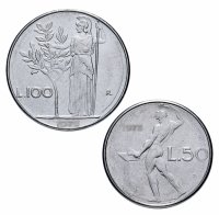 Купить Италия набор из 2-х монет 50 и 100 лир 1954-1989, богиня войны Минерва (Афина) и бог огня Вулкан (Гефест)