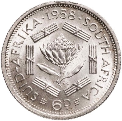 купить ЮАР 6 пенсов (pence) 1958 Елизвета II (яркий штемпельный блеск)
