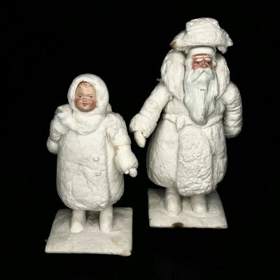 купить Пара подставных игрушек (под ёлку) "Дед Мороз" и "Снегурочка", Киевская фабрика игрушек "Победа", вата, бумага, папье-маше, роспись, дерево, СССР, 1960-1970 гг.