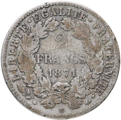 купить Франция 2 франка (francs) 1871 LIBERTE·EGALITE·FRATERNITE Знак монетного двора: "K" - Бордо