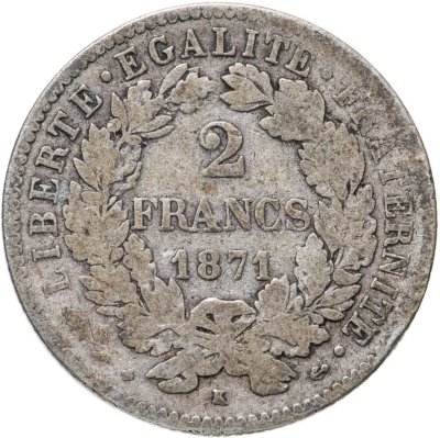 купить Франция 2 франка (francs) 1871 LIBERTE·EGALITE·FRATERNITE Знак монетного двора: "K" - Бордо