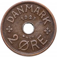 Купить Дания 2 эре (ore) 1927 Отметка минцмейстера: "N" - Niels Peter Nielsen