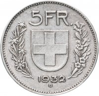 Купить Швейцария 5 франков (francs) 1932