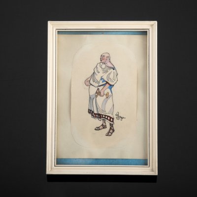 купить Эскиз "Сенатор", художник Алякринский П.А. (1892-1961 гг.), с ярлыком комиссионного магазина, бумага, акварель, белила, застеклённая рама, СССР, 1950-1960 гг.