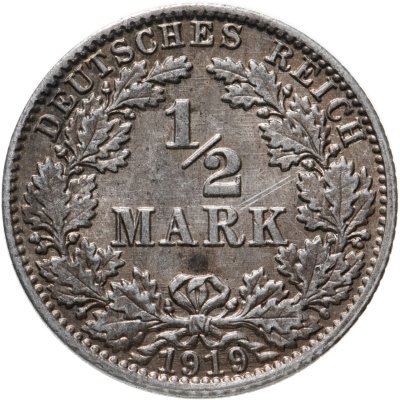 купить Германия 1/2 марки (mark) 1919 A знак монетного двора: "A" - Берлин
