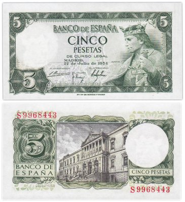 купить Испания 5 песет 1954 Pick 146a ПРЕСС