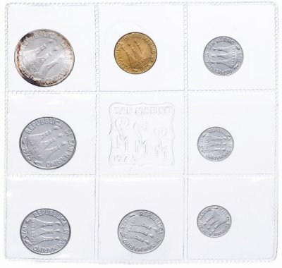 Купить Сан-Марино полный годовой набор монет 1975 (8 штук, UNC) лиры (L.500-серебро) в запайке