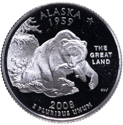 купить США 25 центов (квотер, 1/4 доллара, quarter dollar) 2008 S Proof Аляска (Alaska), знак монетного двора: "S" - Сан-Франциско