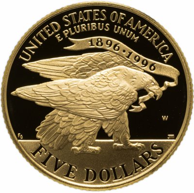 купить США 5 долларов (dollars) 1995 Proof "XXVI летние Олимпийские Игры, Атланта 1996: Олимпийский стадион" в футляре с сертификатом