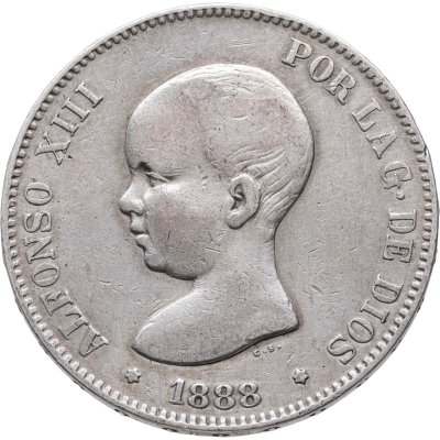 купить Испания 5 песет (pesetas) 1888 Буквы МР и М на реверсе