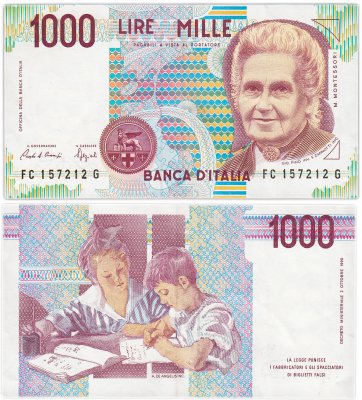 купить Италия 1000 Лир 1990 "Мария Монтессори. Школа Монтессори"(Pick 114a)