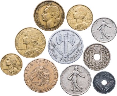 купить Франция набор из 10 монет 5, 10, 20, сантимов, 1/2, 1, 2, 10, 20 франков 1931-1988