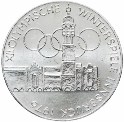 купить Австрия 100 шиллингов (shillings) 1975 Щит XII зимние Олимпийские Игры, Инсбрук 1976 - Здания и Олимпийская эмблема знак монетного двора: "Щит" - Вена