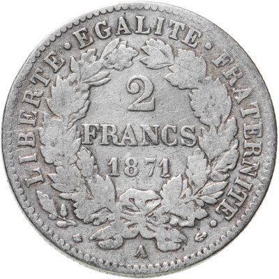 купить Франция 2 франка (francs) 1871 LIBERTE·EGALITE·FRATERNITE Знак монетного двора: "A" - Париж